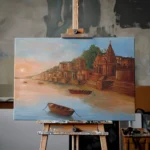 Banaras ghats at sunrise with riverside temples, wooden boats and warm reflections on the Ganges
