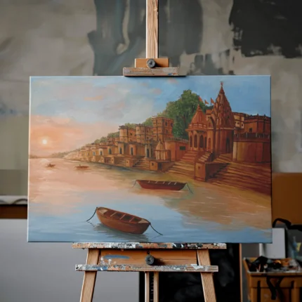 Banaras ghats at sunrise with riverside temples, wooden boats and warm reflections on the Ganges