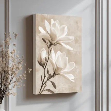 Ivory-white magnolia flowers on brown branches against a soft beige background
