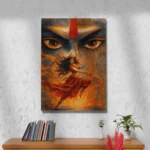 Crowned dancer in saffron and crimson beneath large divine eyes, surrounded by flowing flame-like