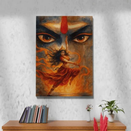 Crowned dancer in saffron and crimson beneath large divine eyes, surrounded by flowing flame-like