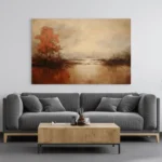 Rust-orange autumn trees reflected in a calm lake beneath a warm cream sky, with distant shores fading into mist.