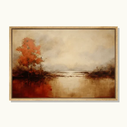 Rust-orange autumn trees reflected in a calm lake beneath a warm cream sky, with distant shores fading into mist.