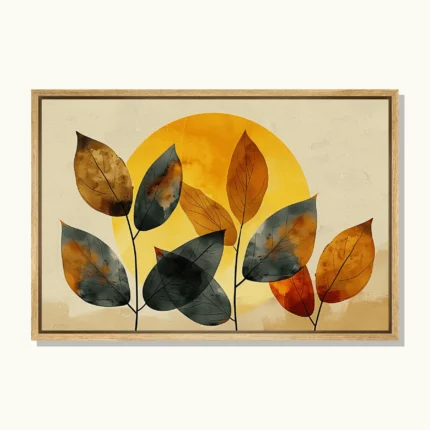 Ochre, rust and charcoal leaves in front of a golden sun on a cream background