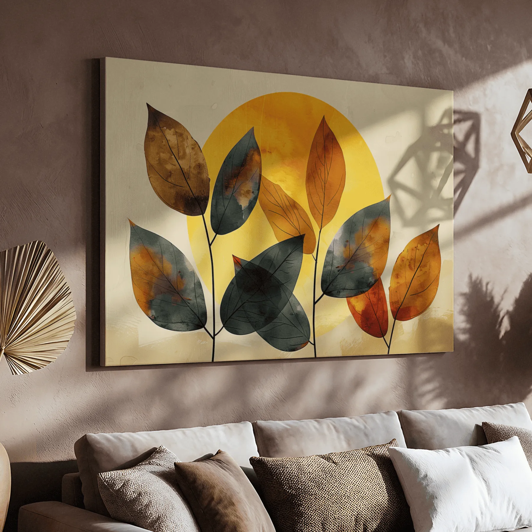 Golden Leaves Abstract Canvas Print Ochre, rust and charcoal leaves in front of a golden sun on a cream background