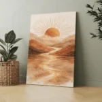 Golden sun rising above terracotta mountains with a winding river and warm beige watercolour textures