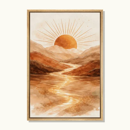 Golden sun rising above terracotta mountains with a winding river and warm beige watercolour textures