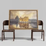 Watercolour-style Golden Temple artwork with golden architecture reflected in the sarovar beneath a softly lit sky