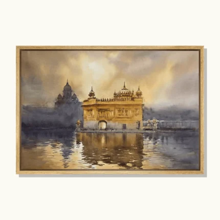 Watercolour-style Golden Temple artwork with golden architecture reflected in the sarovar beneath a softly lit sky