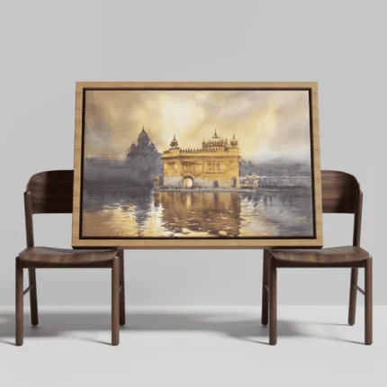Watercolour-style Golden Temple artwork with golden architecture reflected in the sarovar beneath a softly lit sky