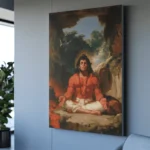 Lord Hanuman meditating in a forest cave with a golden halo, white dhoti and glowing oil lamps