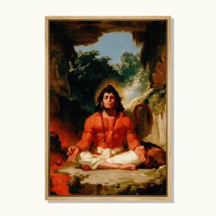 Lord Hanuman meditating in a forest cave with a golden halo, white dhoti and glowing oil lamps