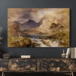 Stag beside a mountain lake with towering cliffs, windswept trees and cascading water beneath a cloudy sky