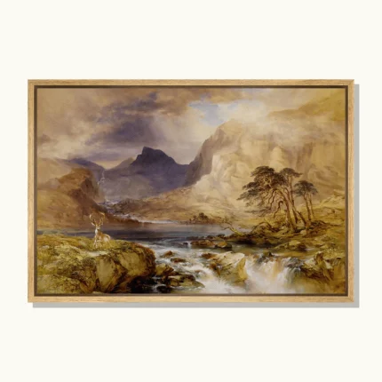 Stag beside a mountain lake with towering cliffs, windswept trees and cascading water beneath a cloudy sky