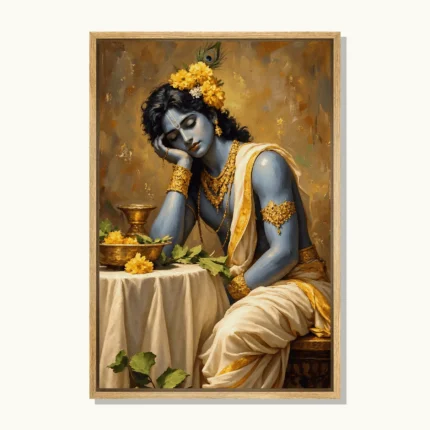Lord Krishna resting his head on his hand, wearing yellow flowers, a peacock feather and ivory clothing against an ochre background