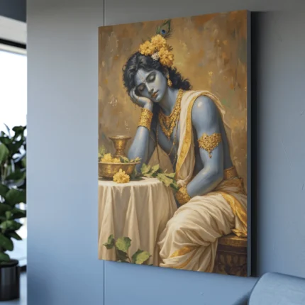 Lord Krishna resting his head on his hand, wearing yellow flowers, a peacock feather and ivory clothing against an ochre background