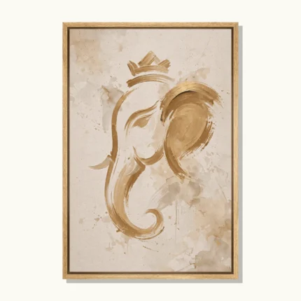 Abstract Lord Ganesha depicted in flowing golden brushstroke-style forms on an ivory and beige background.