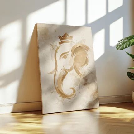 Abstract Lord Ganesha depicted in flowing golden brushstroke-style forms on an ivory and beige background.