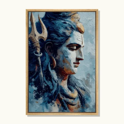 Lord Shiva portrait with closed eyes and a trishul, depicted in blue, grey and golden tones with an oil-painting-style effect.
