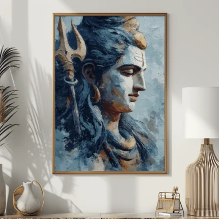 Lord Shiva portrait with closed eyes and a trishul, depicted in blue, grey and golden tones with an oil-painting-style effect.