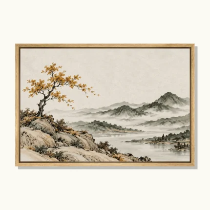 Golden-leaved tree on a rocky hillside overlooking a calm lake and misty green-grey mountains.