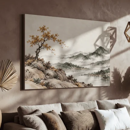 Golden-leaved tree on a rocky hillside overlooking a calm lake and misty green-grey mountains.