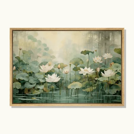 Ivory and blush-pink lotus flowers among sage-green leaves in a peaceful pond with a softly lit, misty background.