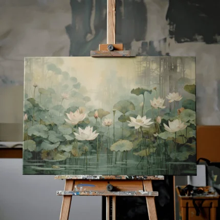 Ivory and blush-pink lotus flowers among sage-green leaves in a peaceful pond with a softly lit, misty background.