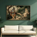 Krishna playing his flute beside Radha seated on a tree branch, with a peacock, cow and calf amid lush green foliage.