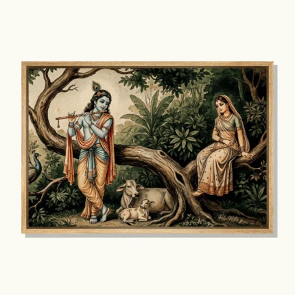 Krishna playing his flute beside Radha seated on a tree branch, with a peacock, cow and calf amid lush green foliage.