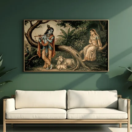 Krishna playing his flute beside Radha seated on a tree branch, with a peacock, cow and calf amid lush green foliage.