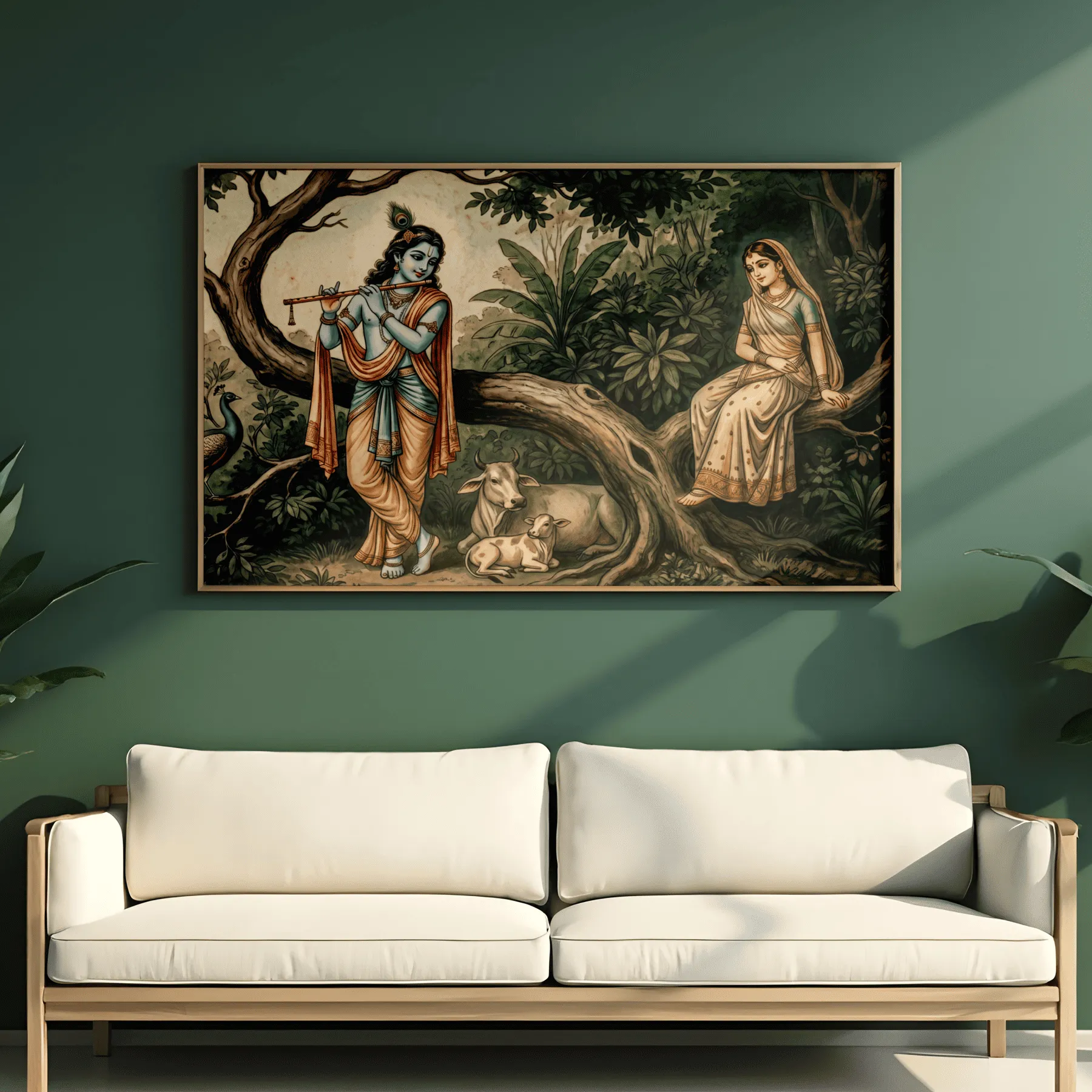 Radha Krishna Eternal Love Canvas Print Krishna playing his flute beside Radha seated on a tree branch, with a peacock, cow and calf amid lush green foliage.