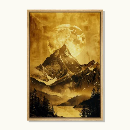 Golden mountain peak beneath a large glowing moon, with dark pine forests and a reflective lake below.