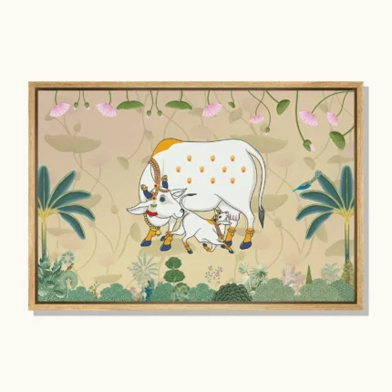 White cow and calf surrounded by pink lotus flowers and green foliage on a beige Pichwai-inspired background