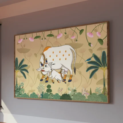 White cow and calf surrounded by pink lotus flowers and green foliage on a beige Pichwai-inspired background