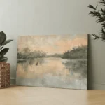Impressionist-style lake landscape with reflected trees and soft sage-green, cream and peach brushstrokes.