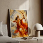 Lord Ram drawing his bow, wearing a golden crown and flowing saffron robes against swirling cream and blue-grey clouds.