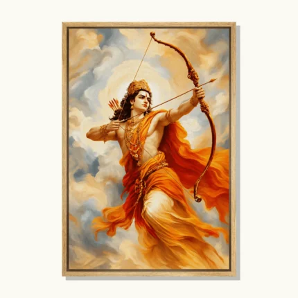 Lord Ram drawing his bow, wearing a golden crown and flowing saffron robes against swirling cream and blue-grey clouds.