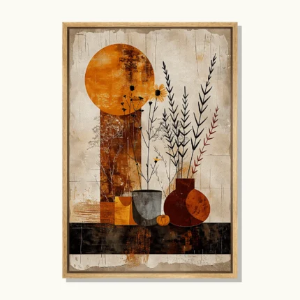 Abstract terracotta and grey vases with botanical stems, orange flowers and a large ochre circle on a textured beige background.