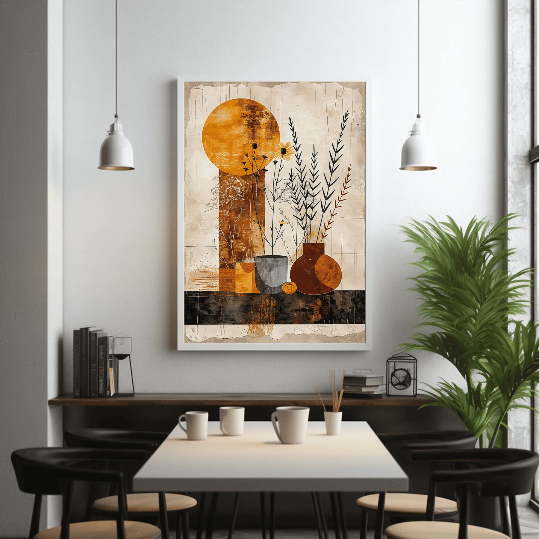 Terracotta Arches Abstract Canvas Print Abstract terracotta and grey vases with botanical stems, orange flowers and a large ochre circle on a textured beige background.
