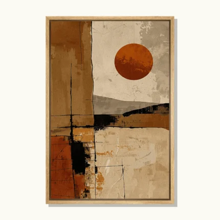 Burnt-orange sun above abstract geometric shapes and black lines in terracotta, ochre and beige with a distressed texture effect.