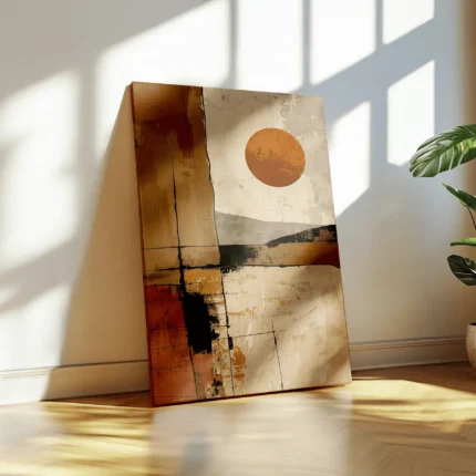 Burnt-orange sun above abstract geometric shapes and black lines in terracotta, ochre and beige with a distressed texture effect.