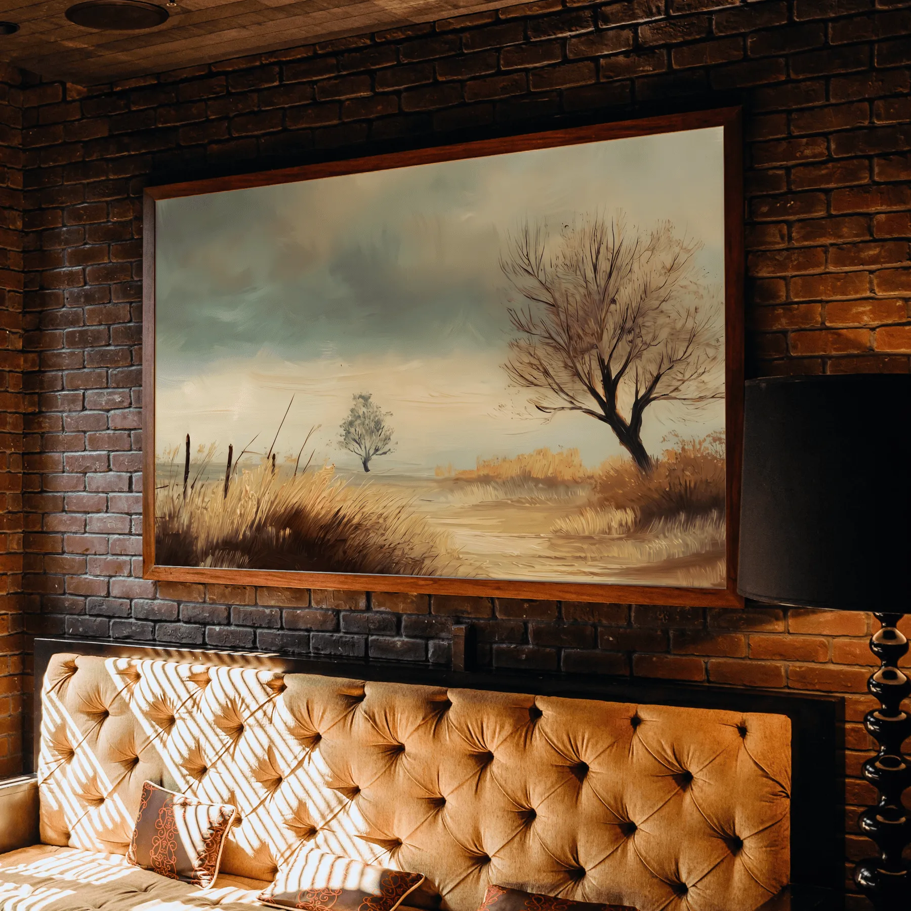Vintage Golden Meadow Canvas Print Vintage-style countryside landscape with golden meadow grasses, a winding path and sparse trees beneath a sage-grey sky.